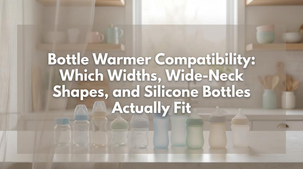 Baby bottle measurement diagram showing width, height, and warmer chamber compatibility