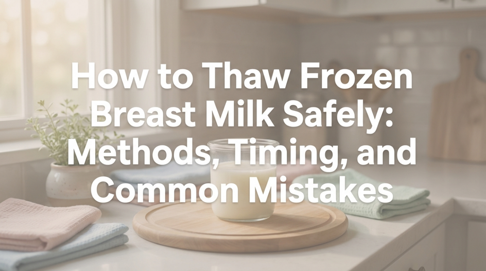 Illustration showing frozen breast milk bags transforming into ready-to-use bottles