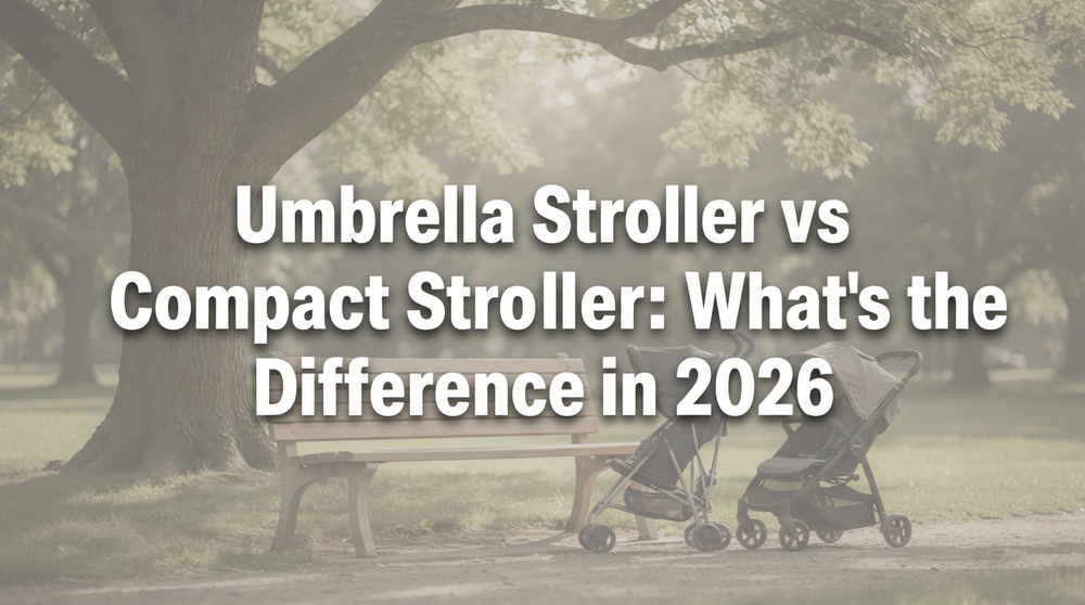 Split-screen comparison illustration of umbrella stroller versus compact stroller folding shapes