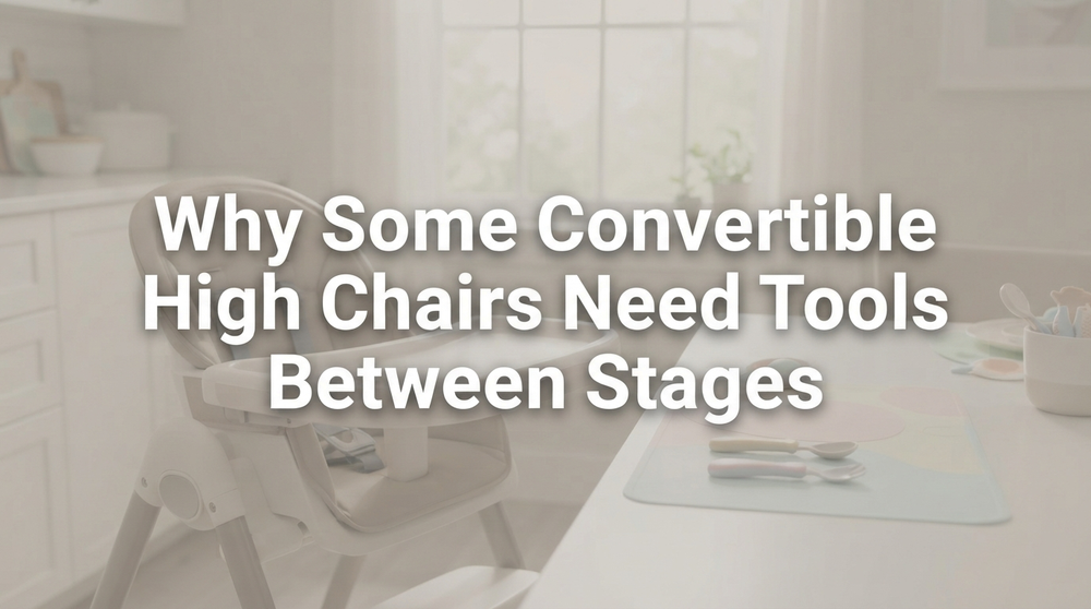 Two convertible high chairs illustrating tool-required versus tool-free conversion methods