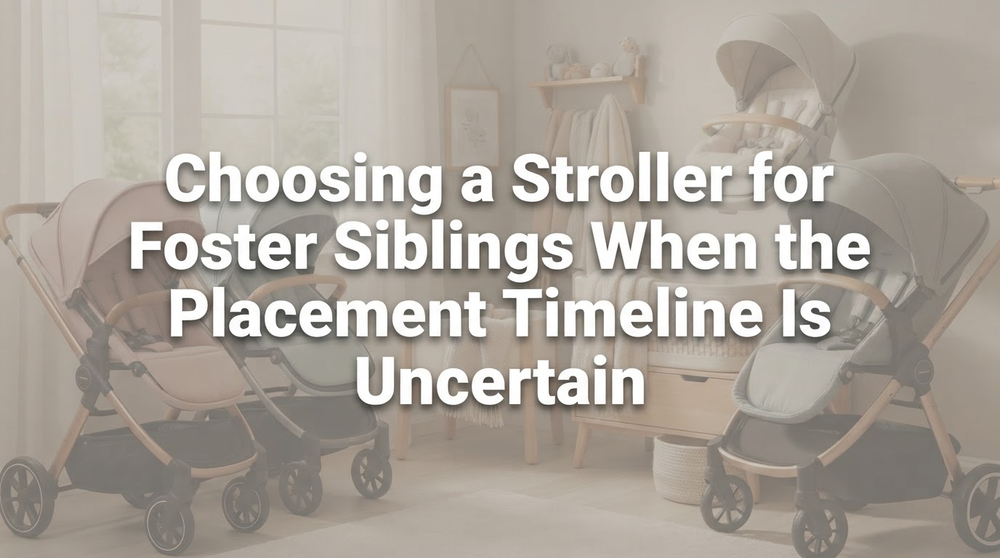 A caregiver preparing a stroller for two young foster siblings