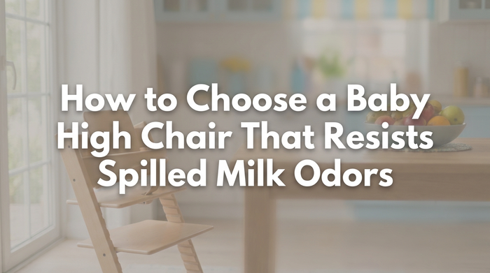 A clean baby high chair in a bright kitchen with natural sunlight