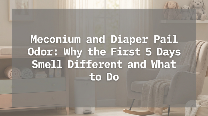 A clean nursery with diaper pail and changing table in soft pastel colors