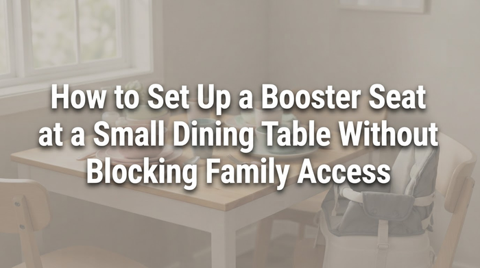 A cozy small dining room with a booster seat installed on one chair at a wooden table