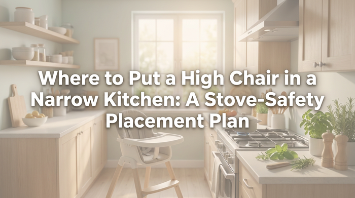 A high chair positioned safely away from the stove in a narrow kitchen