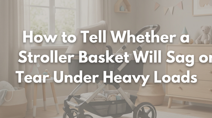 A loaded stroller basket filled with shopping bags and baby supplies