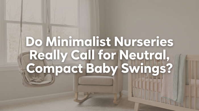 A minimalist nursery with a neutral baby swing beside a crib in soft natural light