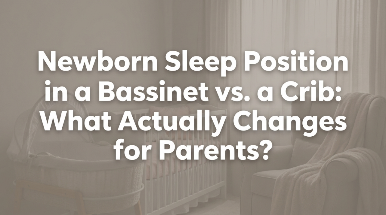 A newborn baby sleeping on their back in a bassinet beside a parent's bed at night
