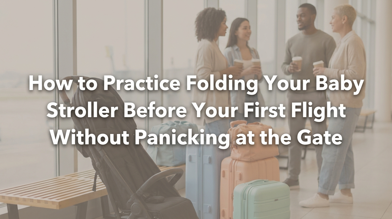 A parent calmly practicing folding a stroller at home with a packed diaper bag nearby