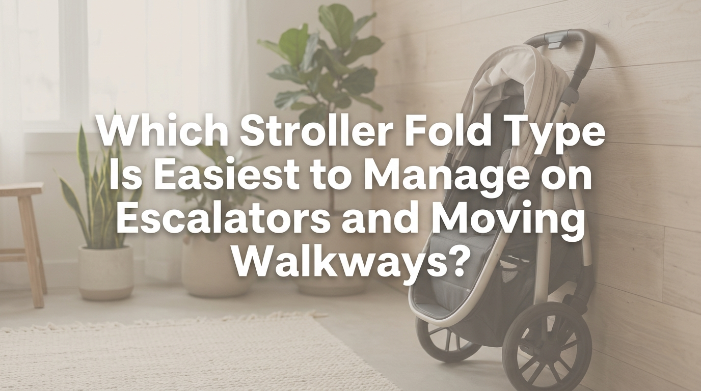 A parent holding a baby and folded stroller near a mall escalator