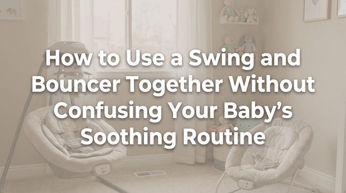 A parent placing baby in swing with bouncer nearby in sunlit living room