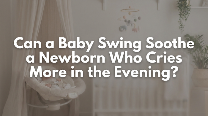 A peaceful newborn gently rocking in a baby swing with warm evening light