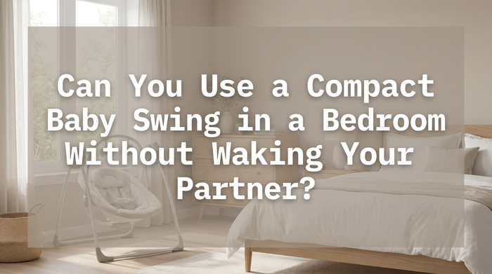 A quiet bedroom with a compact baby swing placed beside a bed at night