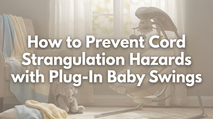 A safely positioned baby swing with power cord routed along the wall