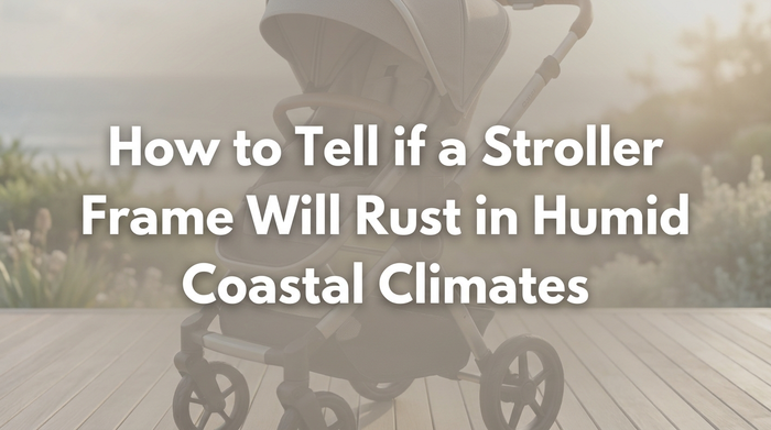 A stroller on a misty coastal boardwalk with ocean in background