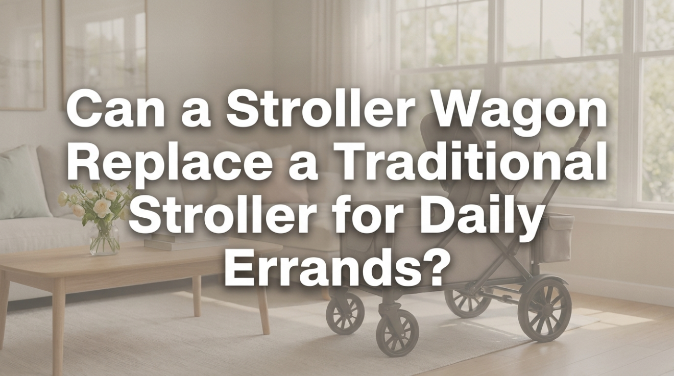 A stroller wagon filled with children and family supplies at an outdoor market