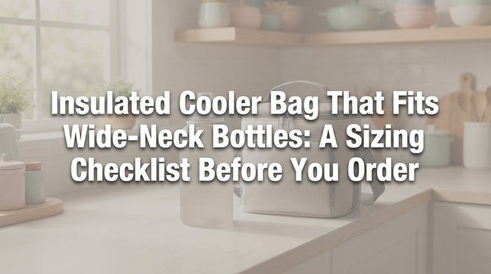 An insulated cooler bag with wide-neck bottles and ice packs showing measurement guidelines