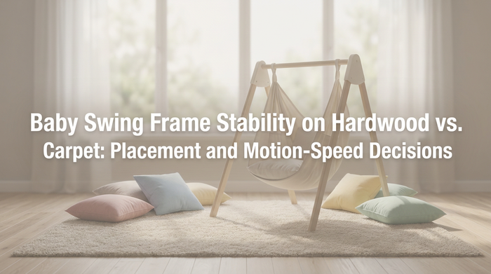 Baby swing frame on hardwood floor in bright living room