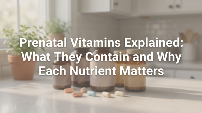 Balanced composition of healthy foods and prenatal vitamins