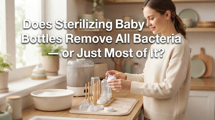 Bottle parts arranged beside steam, boiling, dishwasher, and cold-water sanitizing methods