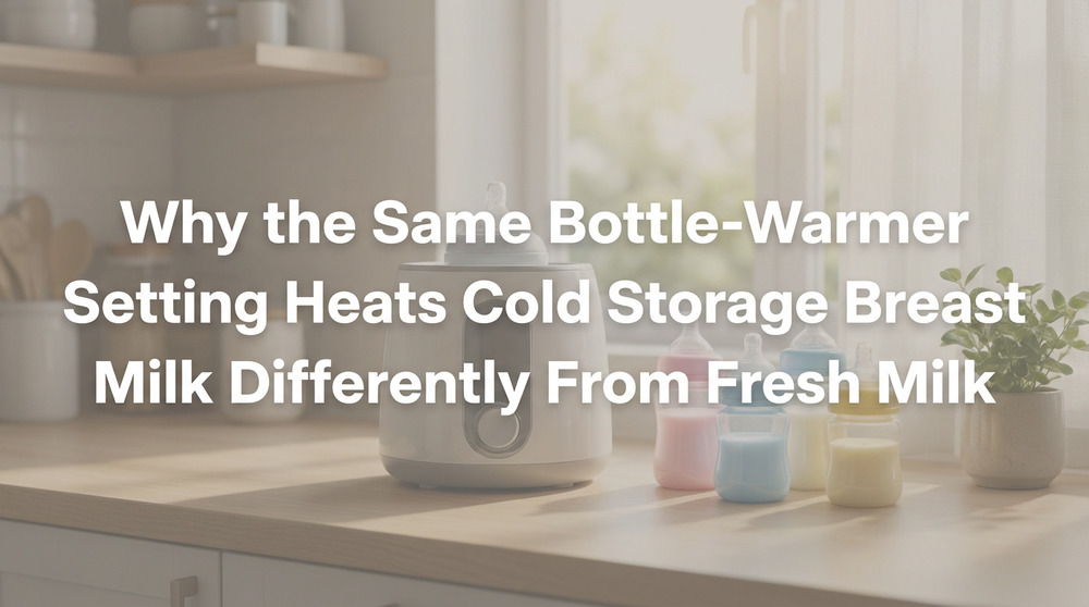 Bottle warmer heating baby bottle on kitchen counter in soft natural light