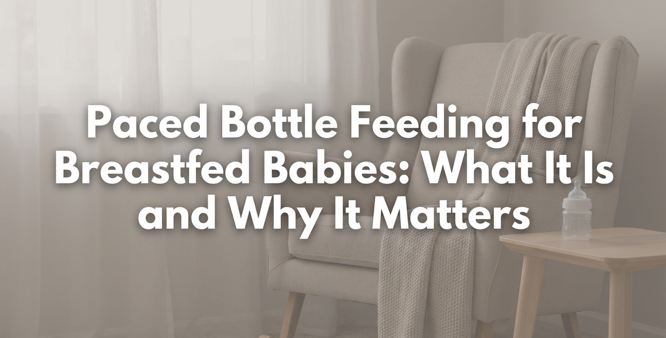 Caregiver gently bottle-feeding baby in upright position with soft natural light