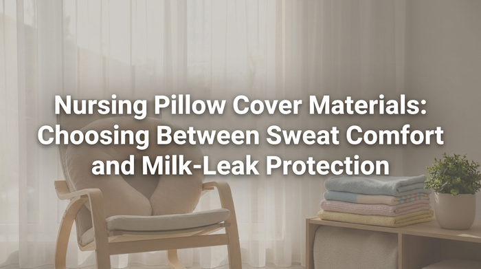 Close-up of a nursing pillow with soft fabric covers in warm natural light