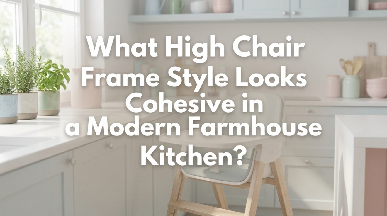 Close-up of an oak wooden high chair showing wood grain matching the farmhouse dining table