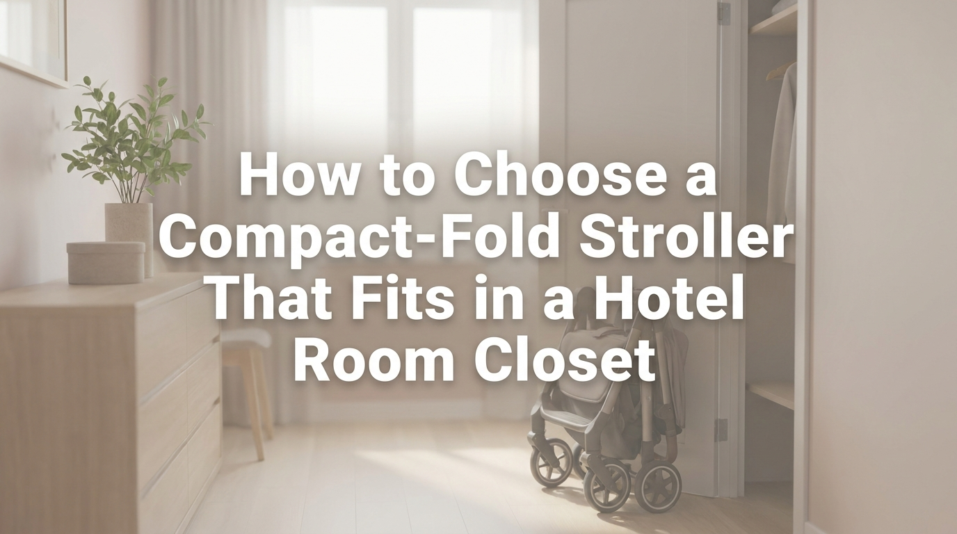 Compact stroller folded in hotel closet beside luggage