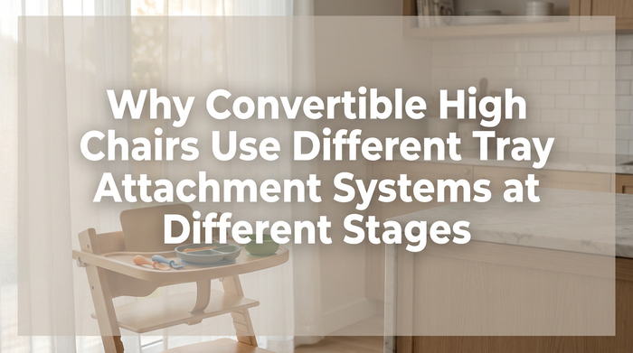 Convertible high chair configuration stages with different tray attachment systems