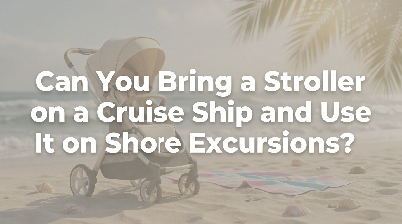 Family with stroller walking on cruise ship deck at sunset