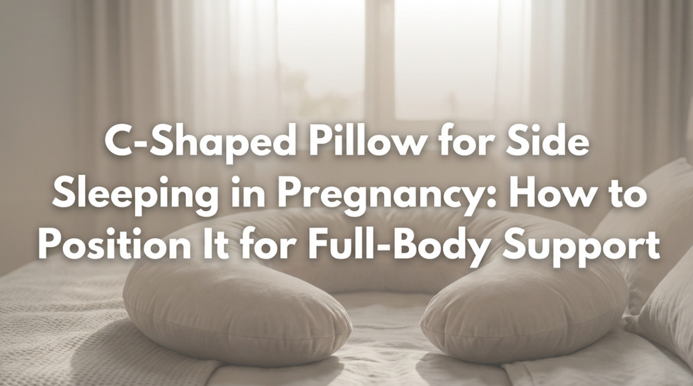 Flat illustration showing C-shaped pillow placement for head, back, belly, and legs