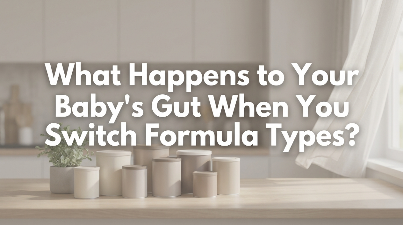 Four different types of baby formula bottles displayed side by side with color-coded icons