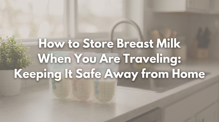Hands transferring labeled breast milk bottles from cooler to hotel mini-fridge