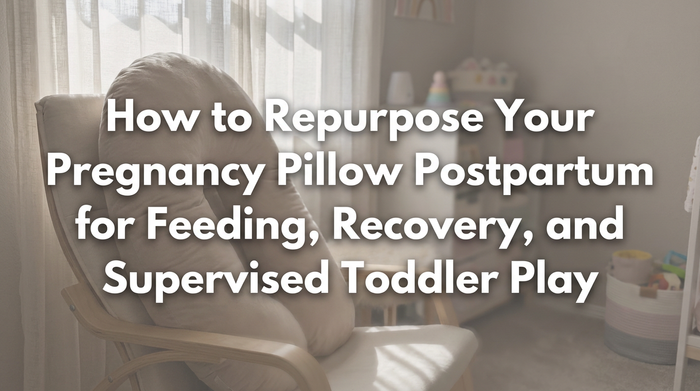 Mother comfortably breastfeeding with pregnancy pillow support in bright nursery