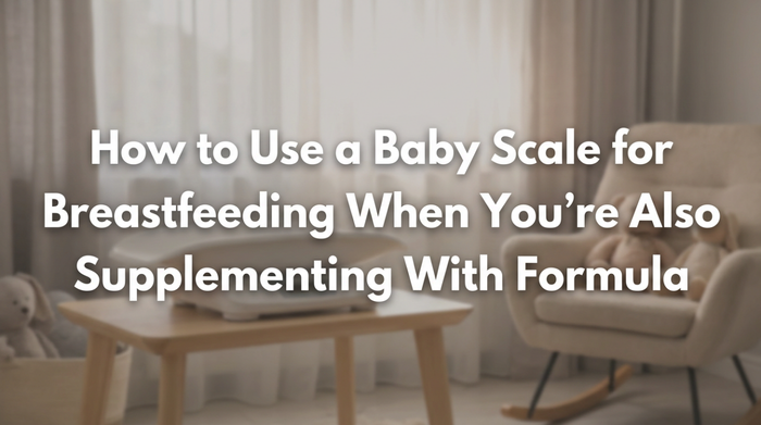 Mother placing baby on digital scale during weighted feed