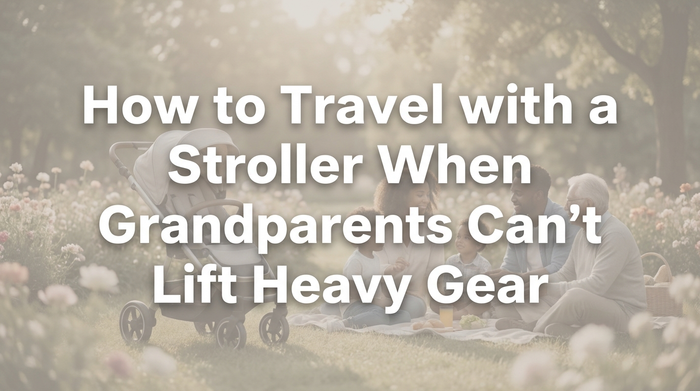 Multi-generational family at airport with compact stroller and luggage