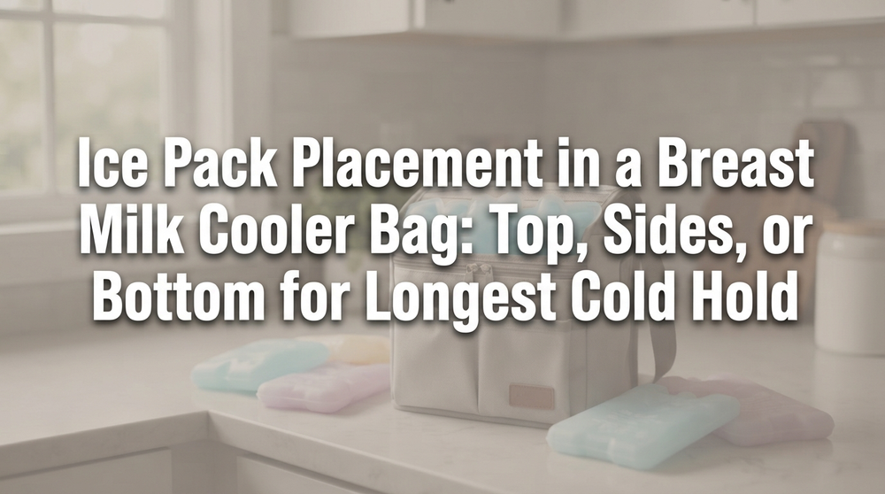 Opened insulated cooler bag showing breast milk bottles arranged with ice packs