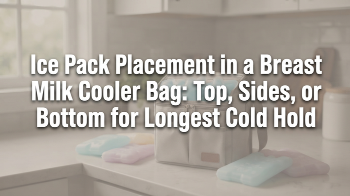 Opened insulated cooler bag showing breast milk bottles arranged with ice packs