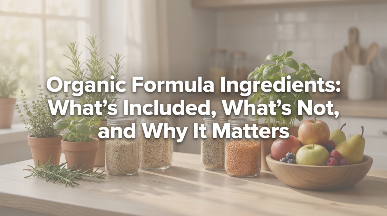 Organic infant formula container displayed with natural ingredients on clean surface