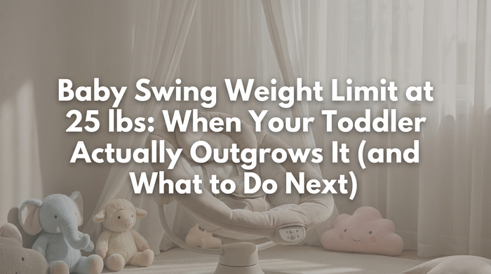 Parent carefully checking baby swing safety manual and weight limit label