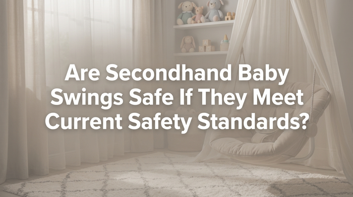 Parent carefully inspecting a secondhand baby swing in a nursery