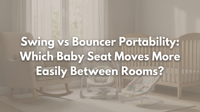 Parent carrying baby bouncer between rooms in modern home