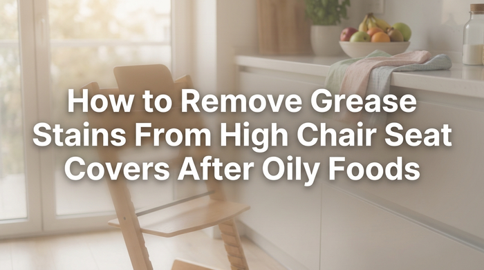 Parent cleaning a high chair seat cover with a cloth