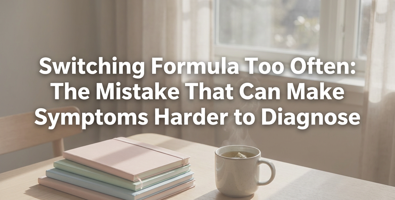 Parent documenting baby feeding details in journal beside formula bottle