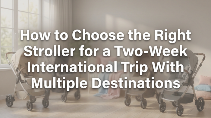 Parent folding compact stroller in bright airport terminal
