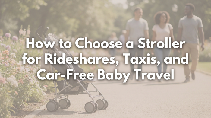Parent folding stroller on city sidewalk while holding baby with taxi waiting nearby