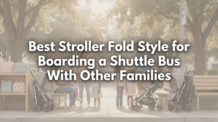 Parent folding stroller one-handed at shuttle bus stop with families