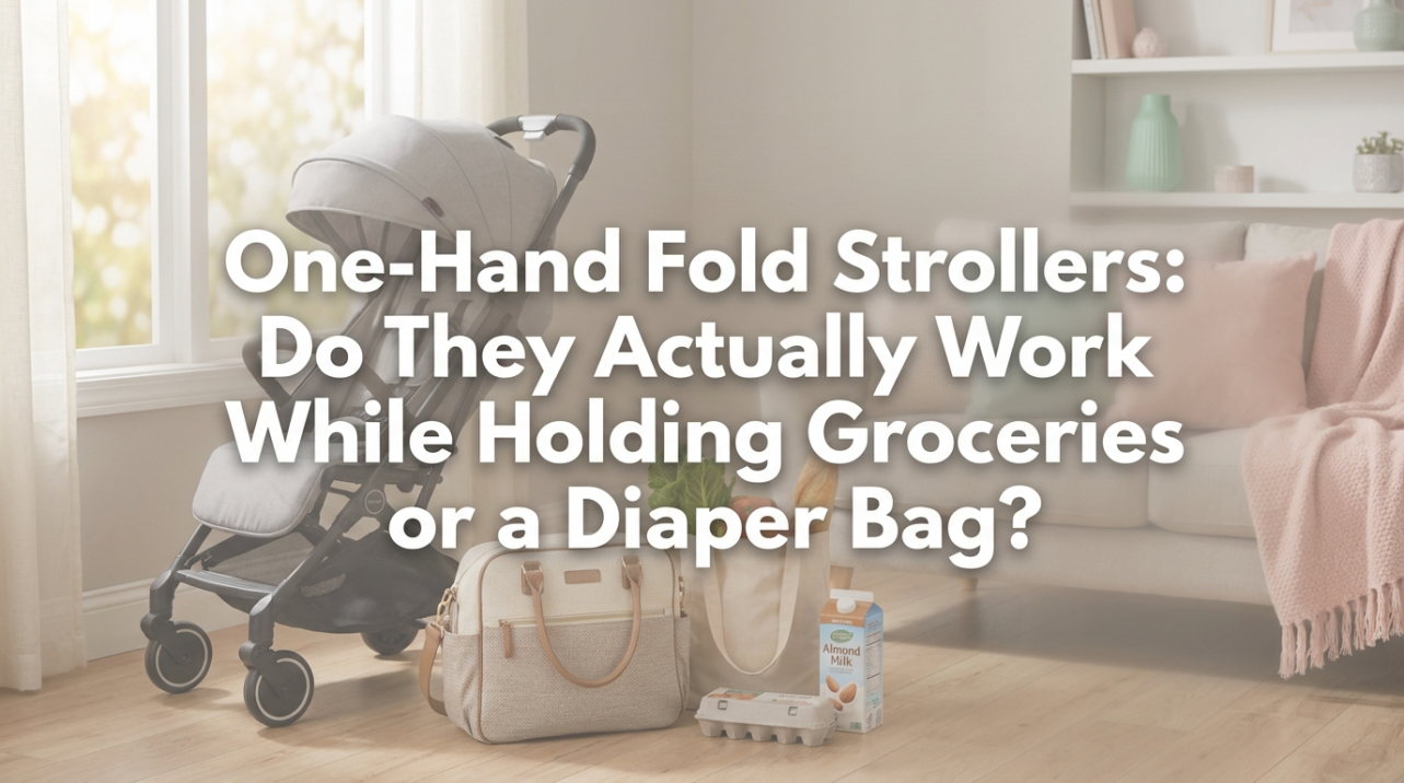 Parent folding stroller one-handed while carrying diaper bag in parking lot