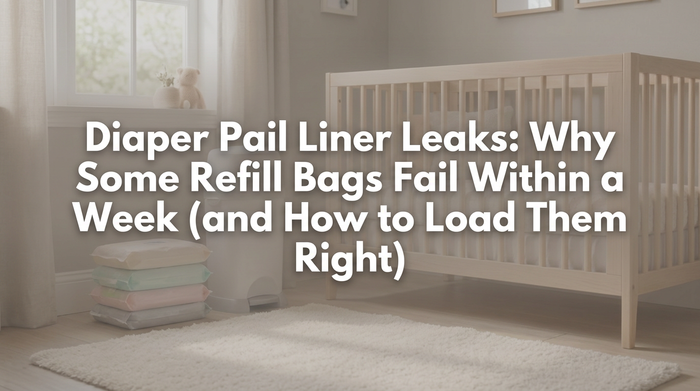 Parent inspecting a leaking diaper pail liner in a nursery